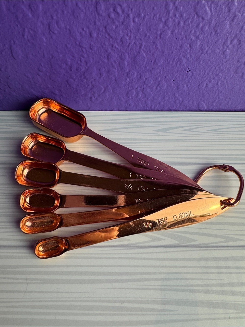 Copper Metal Measuring Spoon Set 6 Piece Narrow Rounded Square Farmhouse Design